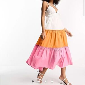 River Island contrast tiered midi beach dress with tie back in white